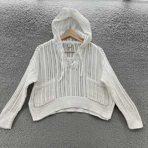 Sundance Sweater Womens Petite Medium White Open Knit Hooded Boho Cropped